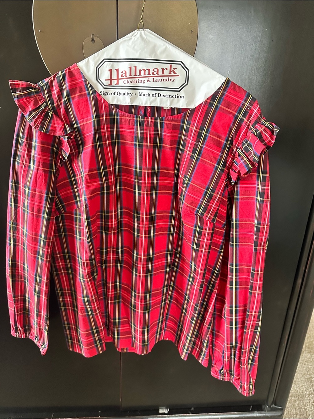 J. Crew Red Plaid Ruffle Long Sleeve Top
